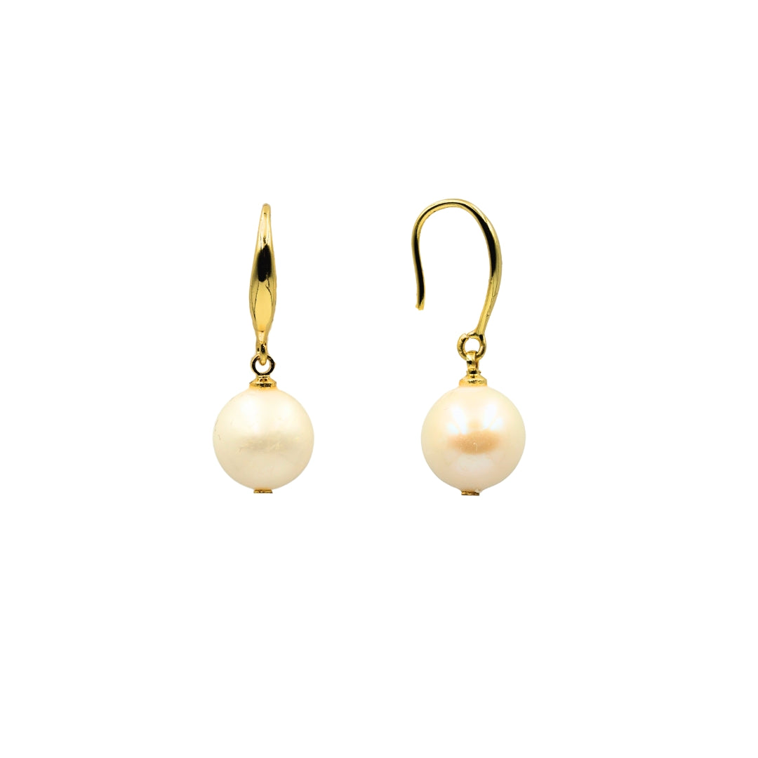 11mm White Fresh Water Pearl Dangling Earring Gold Plated