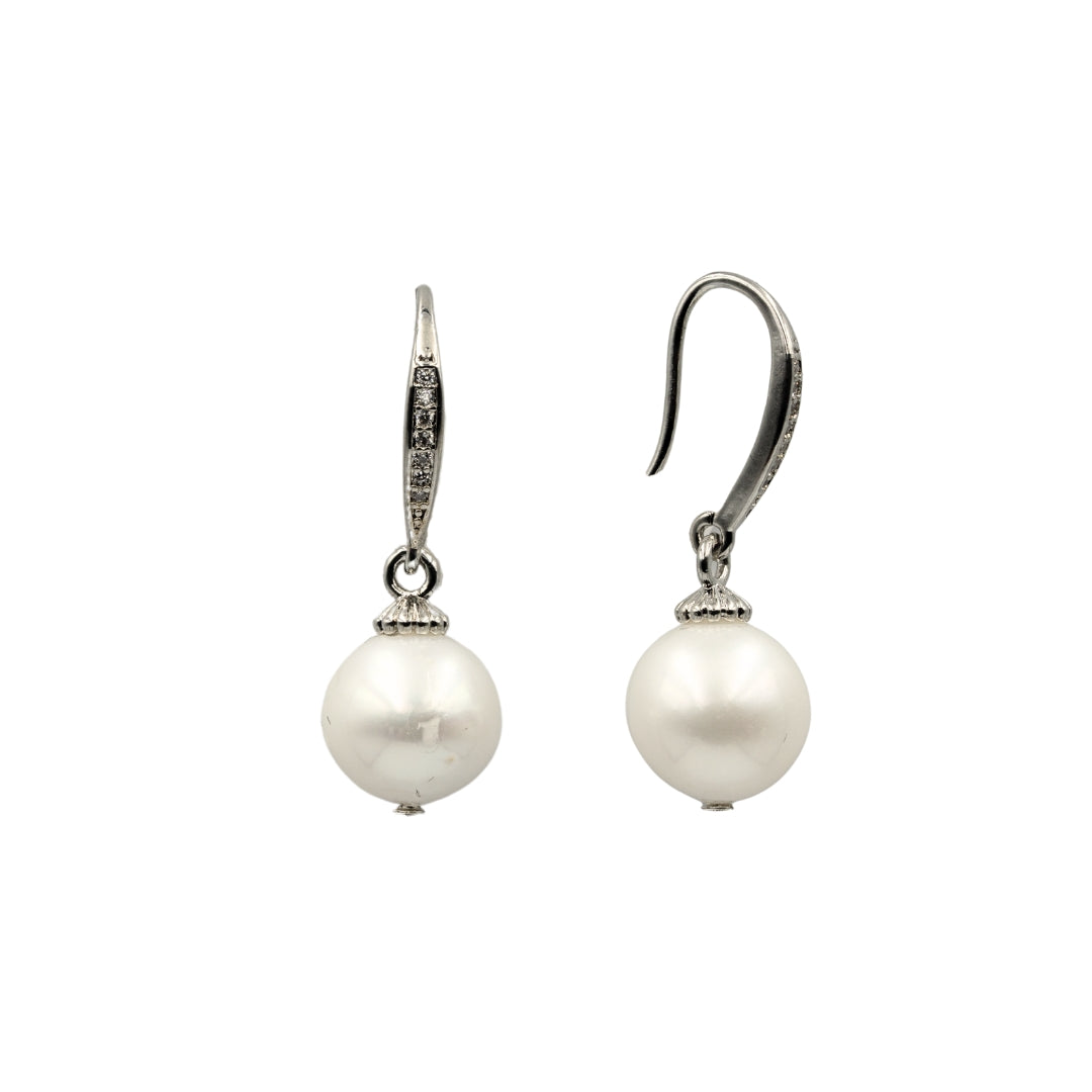 11mm White Fresh Water Pearl Dangling Earrings with Stones